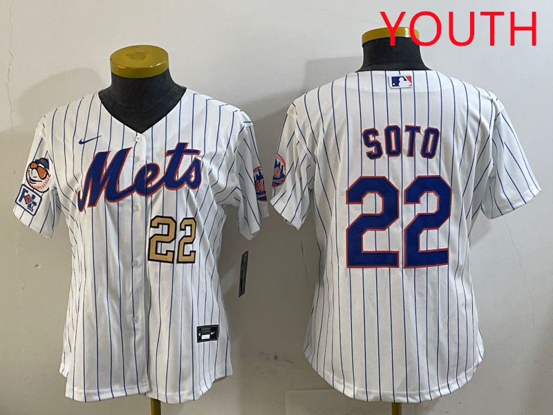 Youth New York Mets 22 Soto White Stirpe Game 2025 Nike MLB Jersey style 7